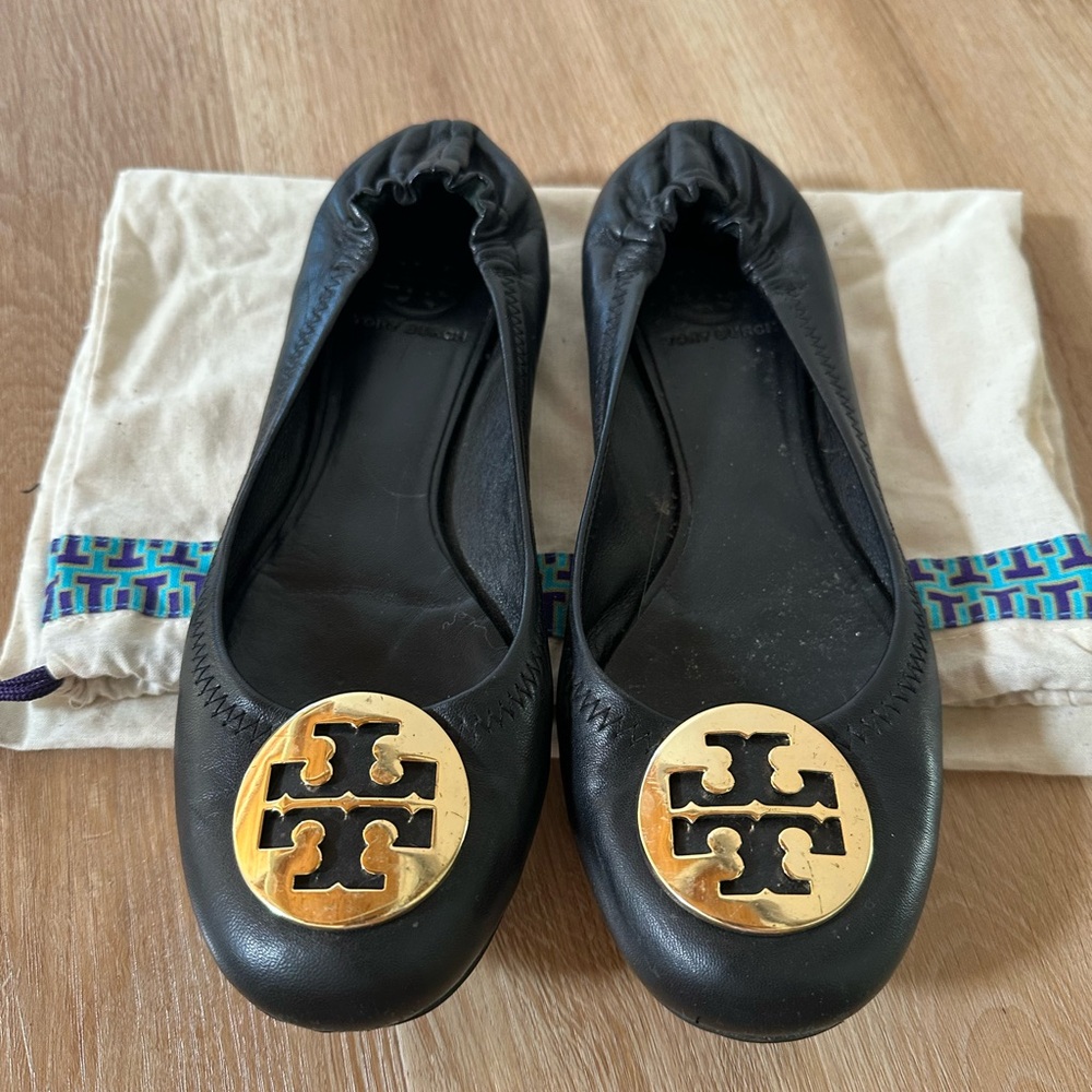 Tory Burch Black Flats with Gold Emblem
